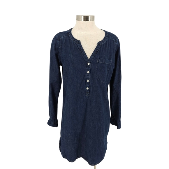Express Denim Shift Shirt Dress Dark Wash Long Sleeve Button V Neck Large - Picture 1 of 7